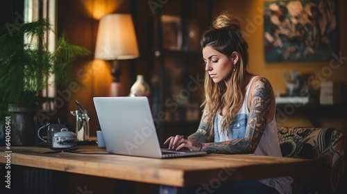 Girl with tattoo sitting with laptop