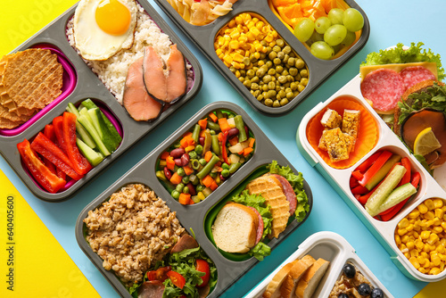 Many lunchboxes with different delicious food on color background