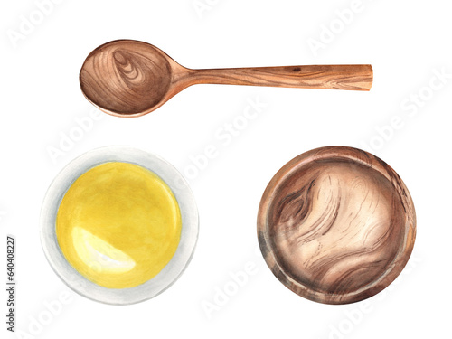 Set of empty wooden and filled with oil bowls and spoon isolated on a white background. Hand drawn watercolor illustration. For displaying your food, products packaging design, decoration compositions