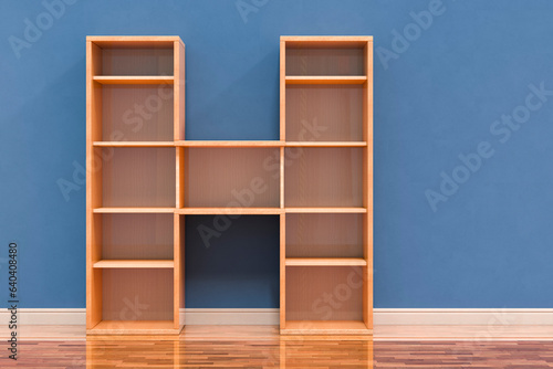 Letter H as bookshelf in interior, 3D rendering