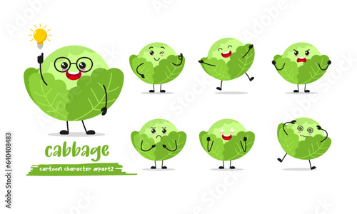 cute cabbage cartoon with many expressions. vegetable different activity pose vector illustration flat design set.