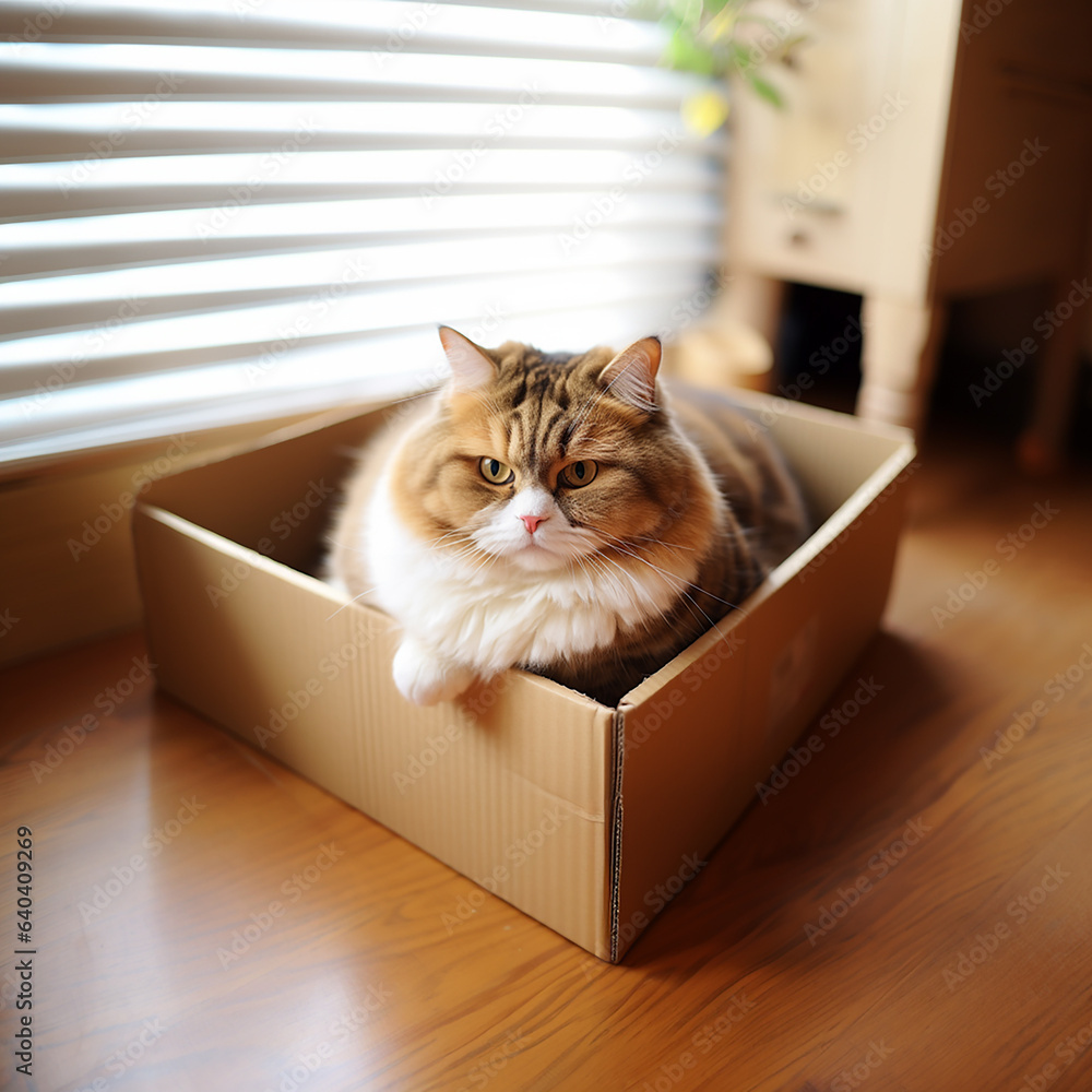 Illustration of cute kitten in cardboard box. AI generation.. Illustration of cute kitten in cardboard box. AI generation..