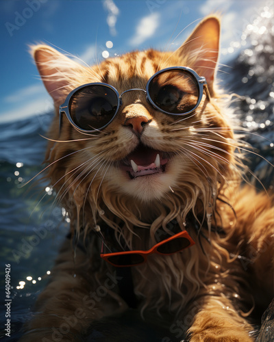 cats and dog wearing sunglasses in trendy clothes, summer, sandy beach, smiling, happy