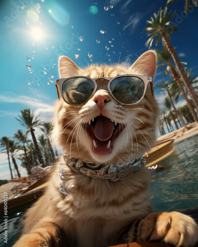 cats and dog wearing sunglasses in trendy clothes, summer, sandy beach, smiling, happy © Harold