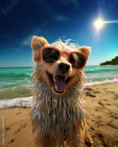 cats and dog wearing sunglasses in trendy clothes, summer, sandy beach, smiling, happy © Harold
