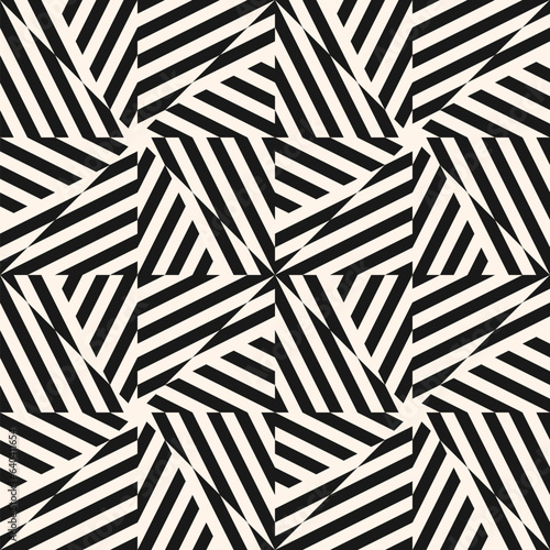 Vector geometric seamless pattern with stripes, broken lines, repeat tiles. Black and white creative psychedelic design. Optical art texture. Retro fashion background. Trendy monochrome geo design