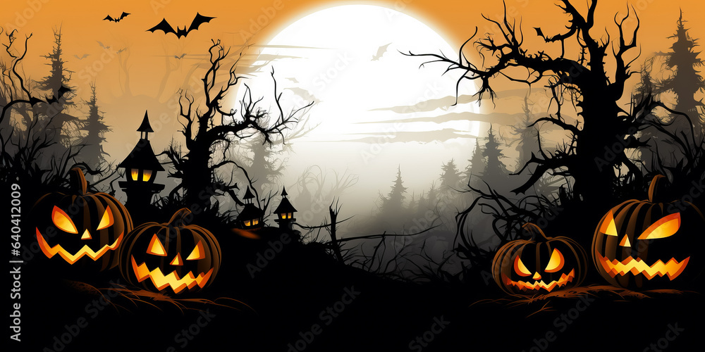 Halloween background of Halloween pumpkins with cut out faces. Glow and spooky tree. Moon and fog