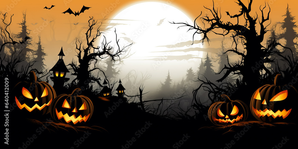 Halloween background of Halloween pumpkins with cut out faces. Glow and spooky tree. Moon and fog Halloween background of Halloween pumpkins with cut out faces. Glow and spooky tree. Moon and fog