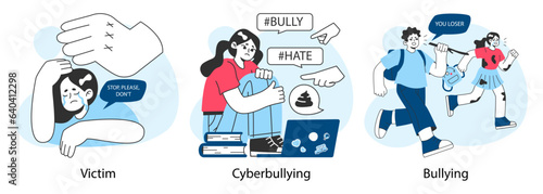 School bullying set. Upset victim being bullied and shamed by others