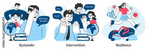 School bullying set. Upset victim being bullied and shamed by others