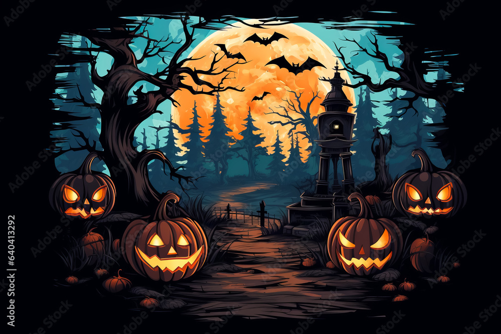 Fototapeta premium Halloween background of Halloween pumpkins with cut out faces. Glow and spooky tree. Moon and fog