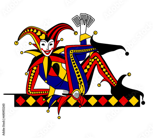Lying and smiling Joker of playing cards in line and flat colorful style isolated on white. Vector illustration