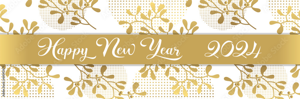 2024- Carte de vœux ou Bannière élégante et luxueuse or sur un fond blanc, pour souhaiter la nouvelle année sous un bouquet de houx - texte anglais. - obrazy, fototapety, plakaty 