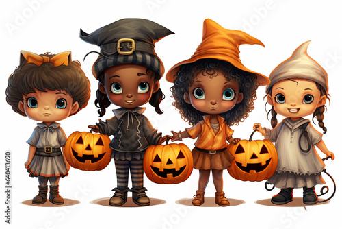 Cartoon cute children in costumes Trick or Treating with jack o lantern on white background