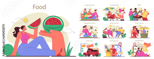 People cooking and eating food set. Character enjoying delivered
