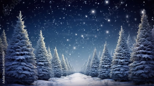 snowy christmas tree farm  at night with lights