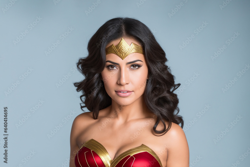 Portrait of a beautiful hispanic woman wearing superhero costume. Powerful amazon warrior princess