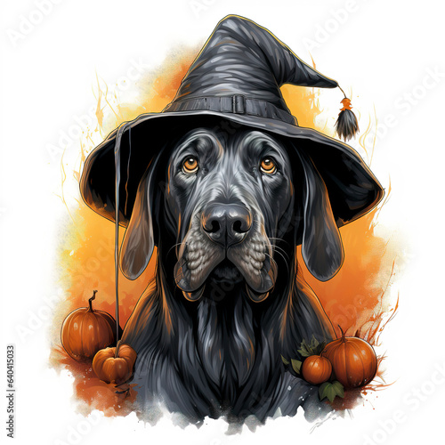 Lush detailed vector illustration of Halloween celebration of cute great dane dressed as a witch in t-shirt design. Halloween t-shirt designs that capture the essence of the festive spirit.
