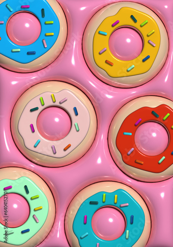 Donuts with icing and colorful sugar sprinkles on a pink background, 3D rendering illustration