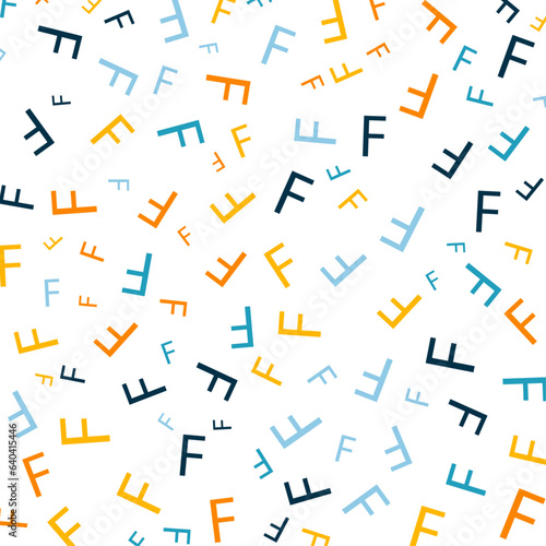 Seamless abstract F letter vector geometric pattern. Colorful letters on white background. Random order. Gift wrapping paper, fabric, poster. Bed linen and interior. School and learning theme.
