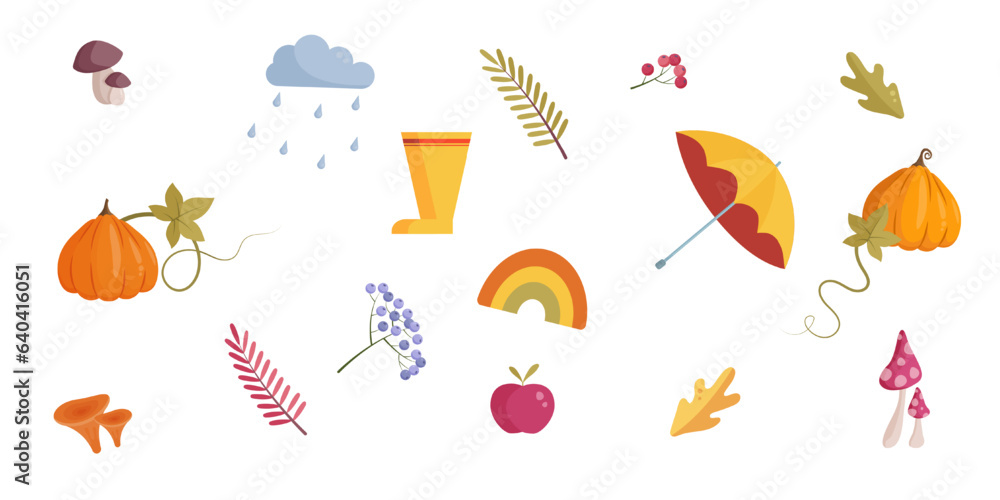 Cartoon style cute and colorfull autumn vibe set with pumpkins, apple, mushrooms, leaves, berries, rainbow, rainy cloud, umbrella, wellington boots.