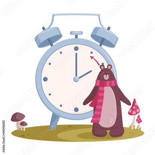 Daylight saving time concept. Cute autumn landscape with bear in red scarf, the clock hand turnig back to winter time.