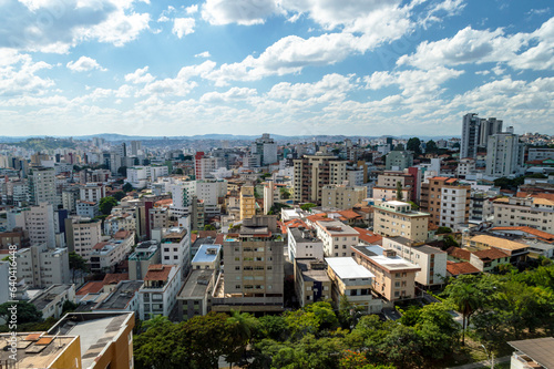 Panorama of several residential buildings seen from above in the city of Belo Horizonte. Vehicle traffic.