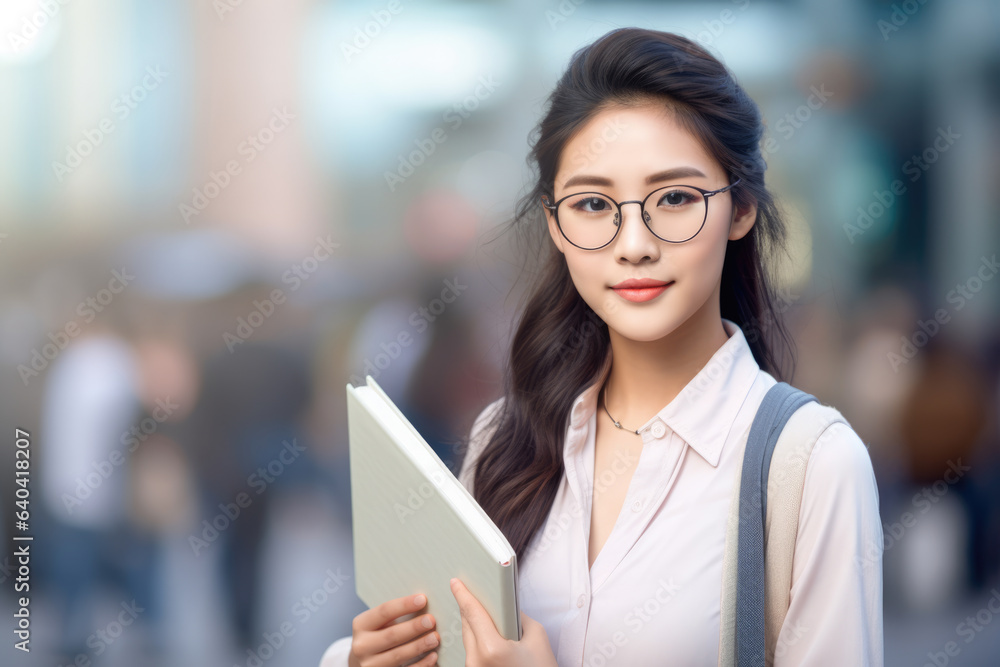 Woman with glasses holding book in her hands. This image can be used to depict reading, education, studying, or leisure activities. Woman with glasses holding book in her hands. This image can be used to depict reading, education, studying, or leisure activities.