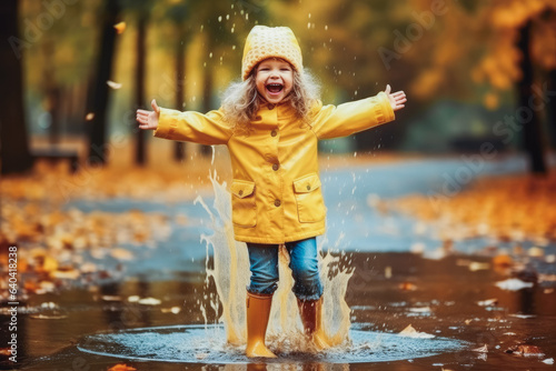 Happy child playing in puddles. Happy little girl with rain rubber boots and rain coat jumping in puddles in the rain.