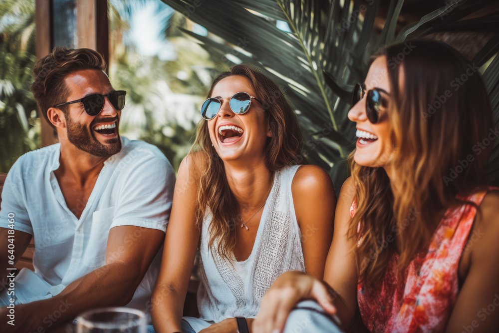 Friends laughing together on vacation. Group of happy friend together on vacation at beach. Friends laughing together on vacation. Group of happy friend together on vacation at beach.
