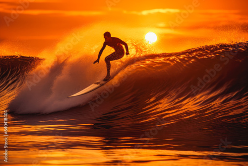 Surfer surfing waves at dusk. Skilled surfer catching a wave at sunset in beautiful ocean. © VisualProduction