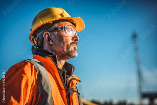 Worker in safety helmet and glasses looking toward the horizon and thinking. Professional construction worker looking into the distance.