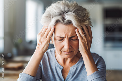 Mature woman suffering from migraine. Older woman having a headache and holding her head in pain.