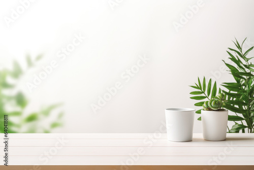 Modern working empty white desk with one green plant. plain white background and table top for mockups.