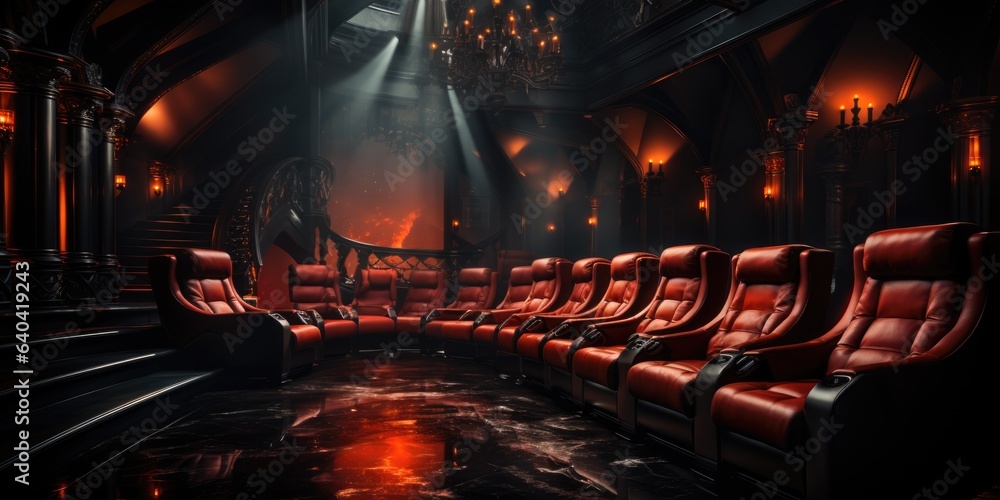 A theater with red leather seats and a chandelier. Digital image. A theater with red leather seats and a chandelier. Digital image.