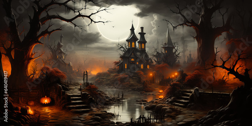 Old Haunted house in spooky dark forest. Full moon. Halloween concept