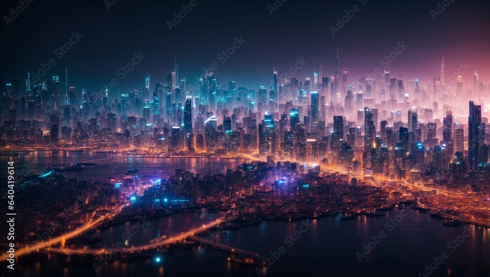 A futuristic, cyberpunk cityscape of polygonal bitcoin shapes, illuminated by a bright, neon glow.