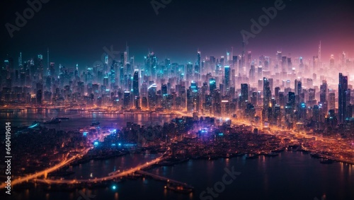 A futuristic, cyberpunk cityscape of polygonal bitcoin shapes, illuminated by a bright, neon glow.