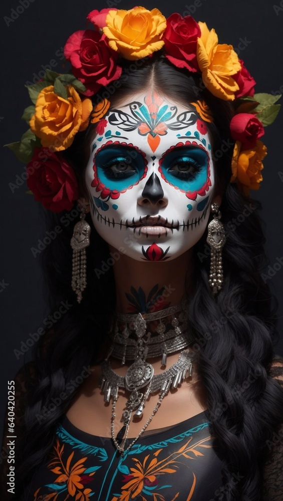 A beautiful woman with a detailed skull face celebrating the Day of the Dead. A beautiful woman with a detailed skull face celebrating the Day of the Dead.