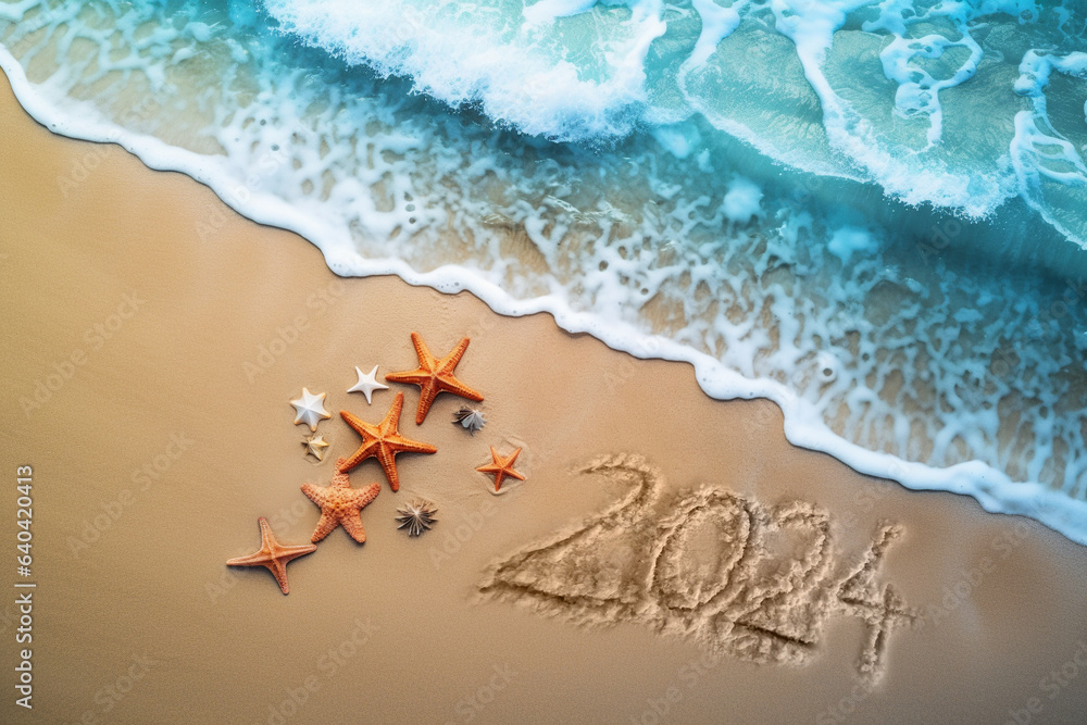 Aerial view of beautiful tropical beach and ocean with wave, starfish and 2024 written in sand. Happy New Year Concept  - obrazy, fototapety, plakaty 