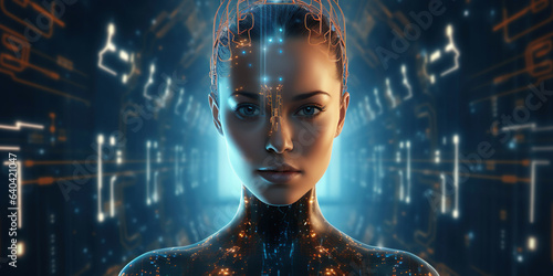 Artificial intelligence concept, a digital humanoid android robot face. AI technology, Chat GPT, chat bot. Digital brain deep learning to process big data and cyber security.