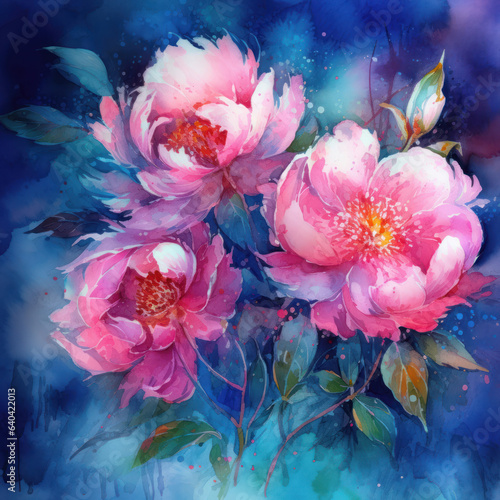 Elegant watercolor peonies  floral illustration in pastel tones