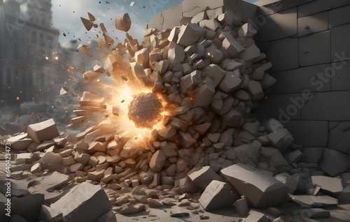 Dynamic Stone Wall Explosion with Flying Debris