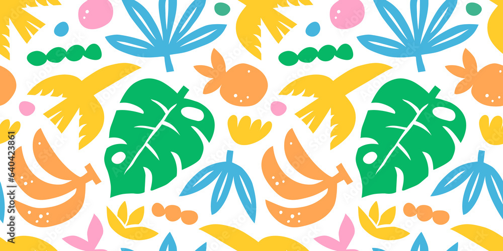 Abstract summer art seamless pattern with colorful nature doodles. Organic flat cartoon background, tropical vacation shapes in bright childish colors. Floral hawaiian print, exotic travel texture. - obrazy, fototapety, plakaty 