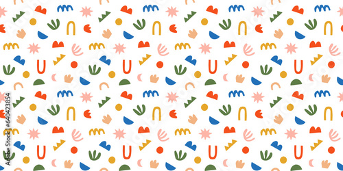 Abstract modern art seamless pattern with colorful freehand doodles. Organic flat cartoon background, simple summer shapes in bright childish colors. 