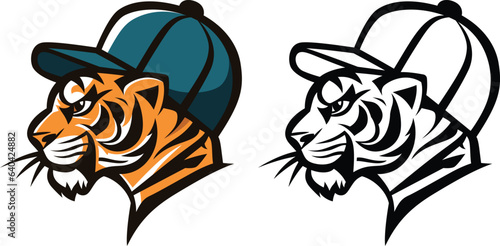 tiger wearing a baseball cap side view simple logo template vector illustration, Leopard , tiger wearing a baseball sports hat stock vector image