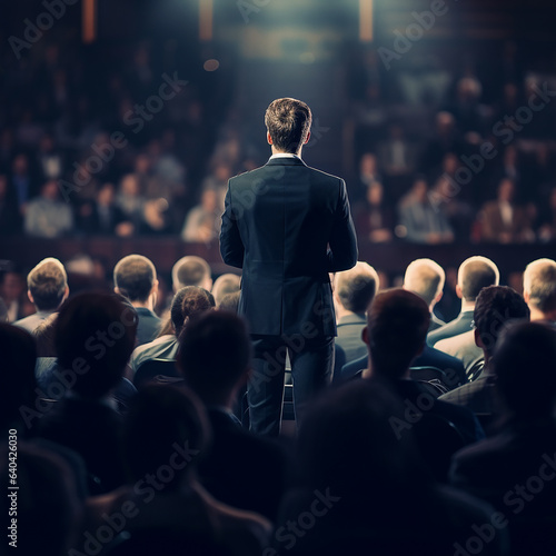 Man gives speech at crowded seminar. AI generation..