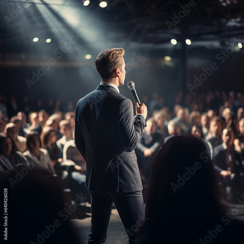 Man gives speech at crowded seminar. AI generation..
