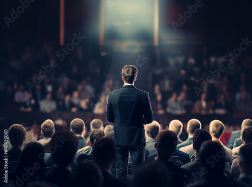 Man gives speech at crowded seminar. AI generation..