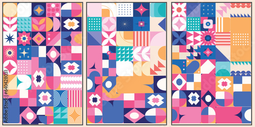 Retro bauhaus pattern of different shapes. Colorful vector mosaic backdrop. Geometric hipster retro background. Vector illustrator